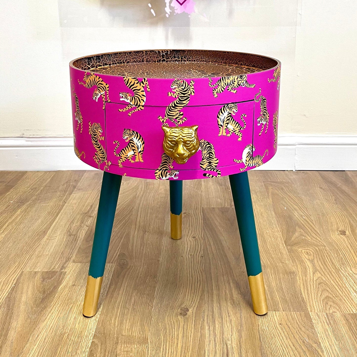 Tiger Table - Hot Pink round bedside table . Fun Bright Home Decor . Ideal for Nightstand or side table. Comes with inbuilt drawer