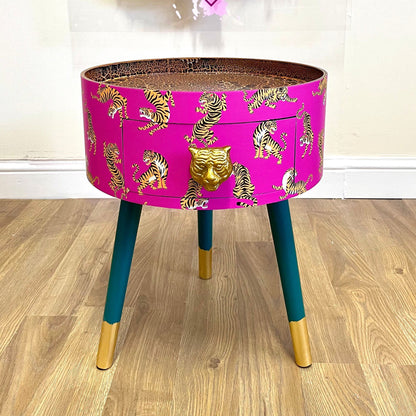 Tiger Table - Hot Pink round bedside table . Fun Bright Home Decor . Ideal for Nightstand or side table. Comes with inbuilt drawer