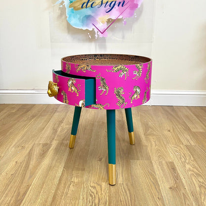 Tiger Table - Hot Pink round bedside table . Fun Bright Home Decor . Ideal for Nightstand or side table. Comes with inbuilt drawer