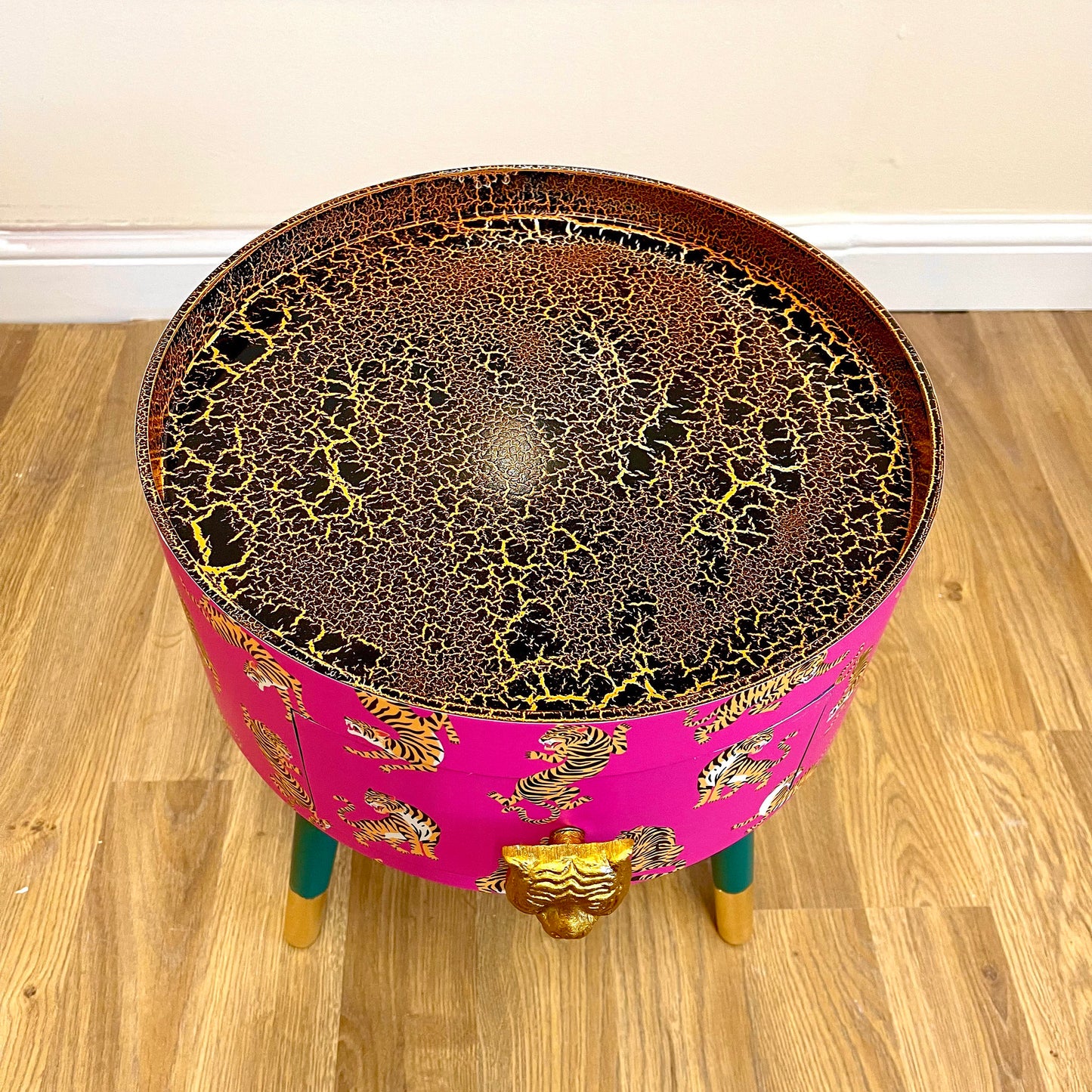 Tiger Table - Hot Pink round bedside table . Fun Bright Home Decor . Ideal for Nightstand or side table. Comes with inbuilt drawer