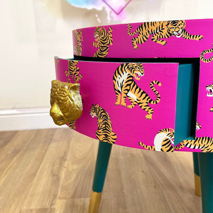 Tiger Table - Hot Pink round bedside table . Fun Bright Home Decor . Ideal for Nightstand or side table. Comes with inbuilt drawer