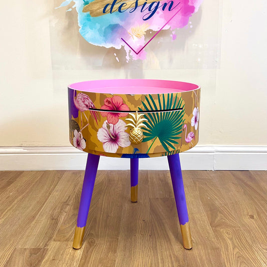 Flocking Fab - Yellow Round eclectic yellow nightstand with tropical design, mustard bedside table with built in drawer