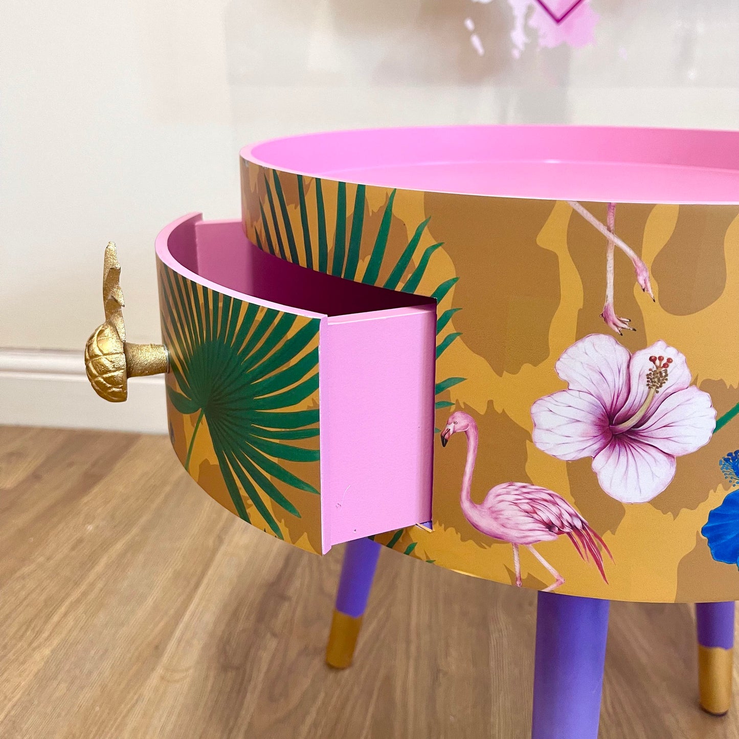 Flocking Fab - Yellow Round eclectic yellow nightstand with tropical design, mustard bedside table with built in drawer