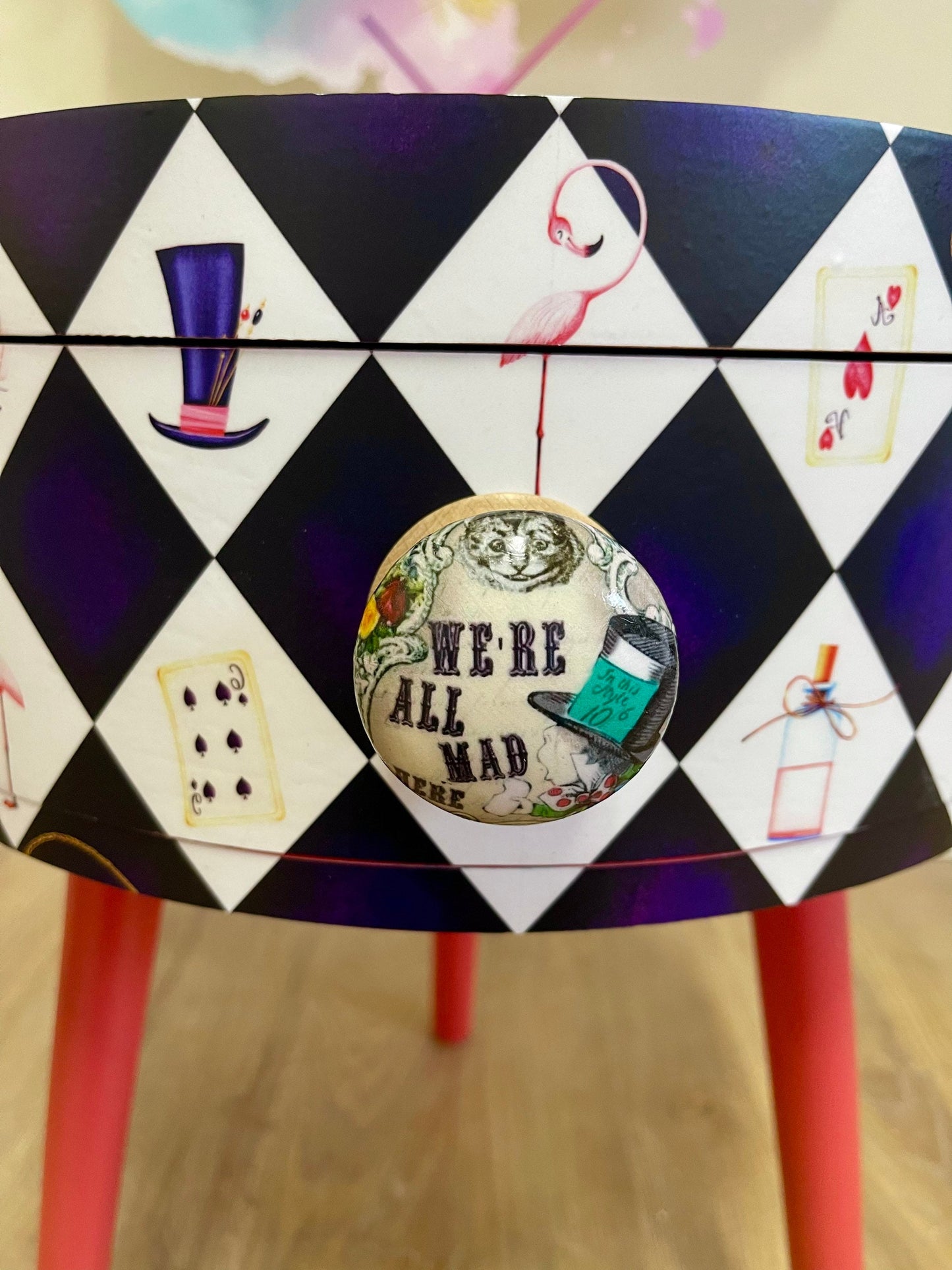 Alice in Wonderland nightstand,  queen of hearts design in black white red . We’re all mad here handle