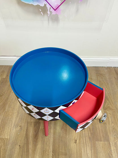 Alice in Wonderland nightstand,  queen of hearts design in black white red . We’re all mad here handle