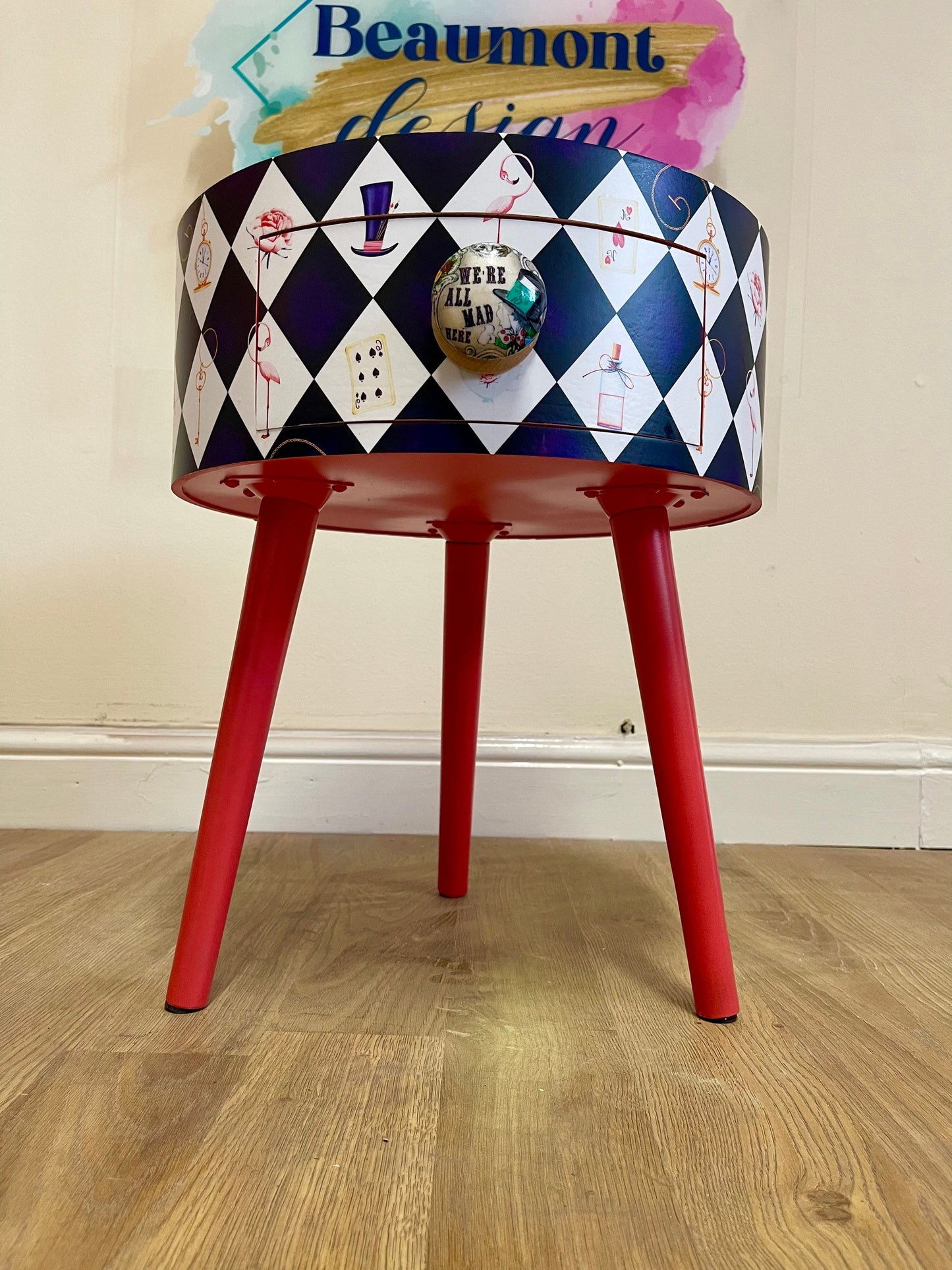 Alice in Wonderland nightstand,  queen of hearts design in black white red . We’re all mad here handle
