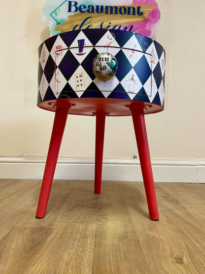 Alice in Wonderland nightstand,  queen of hearts design in black white red . We’re all mad here handle