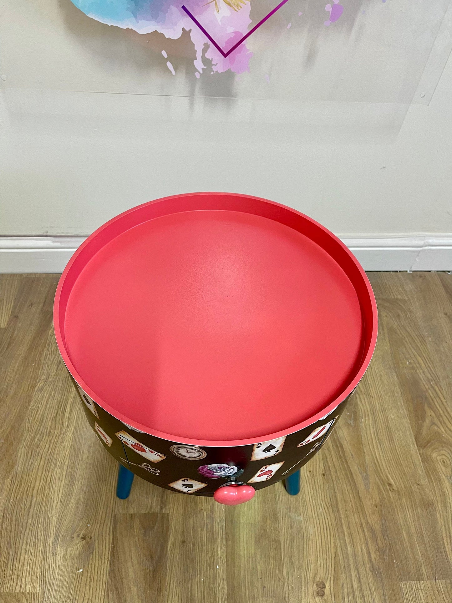 Alice in Wonderland inspired nightstand - Black and red bedside table ,  queen of hearts design in black white red . Tarot cards side table