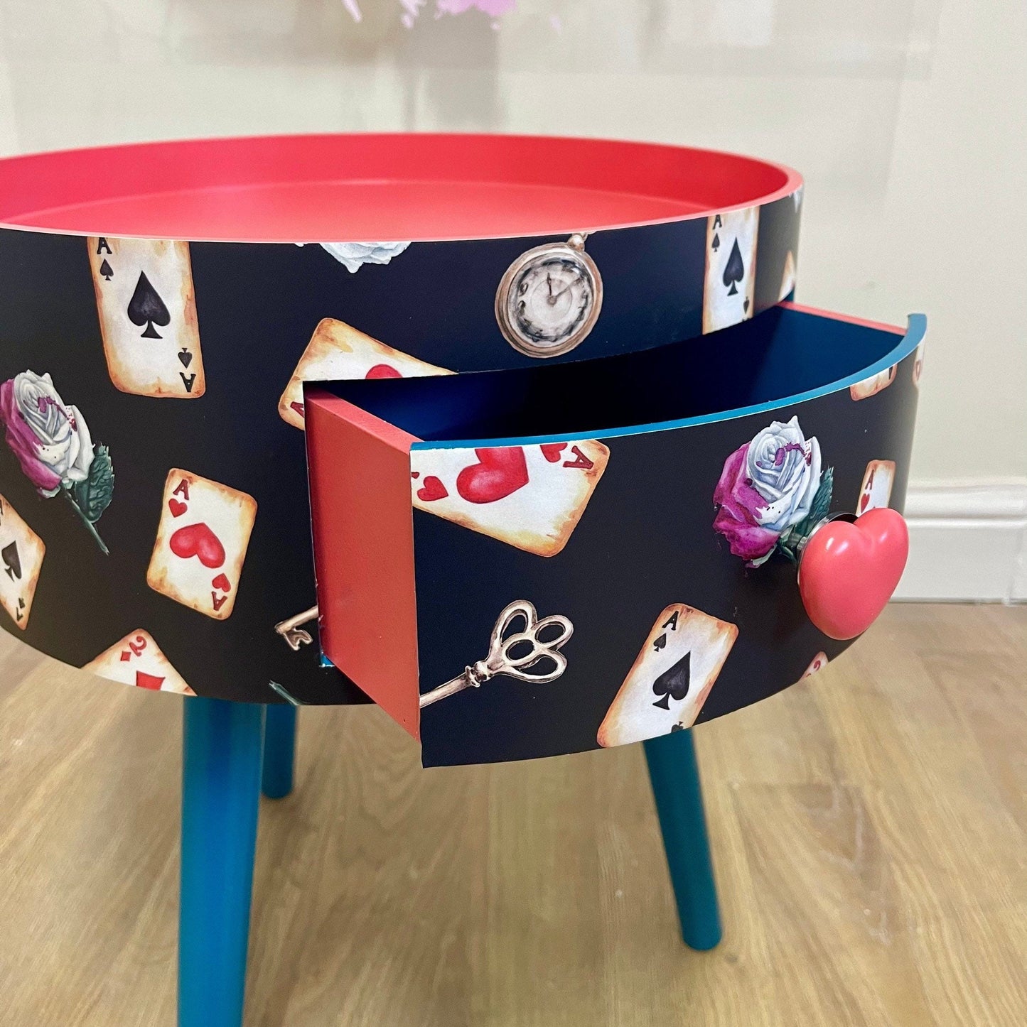 Alice in Wonderland inspired nightstand - Black and red bedside table ,  queen of hearts design in black white red . Tarot cards side table