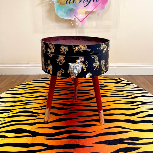 Tiger Table - Black and red nightstand with tiger design, Eclectic design, Fun Bright Home Decor. Side table with storage drawer