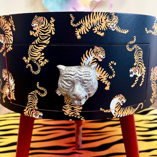 Tiger Table - Black and red nightstand with tiger design, Eclectic design, Fun Bright Home Decor. Side table with storage drawer