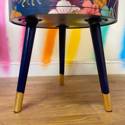 Flocking Fab - Navy Round bedside table with drawer, navy and yellow nightstand with tropical and leopard design.  Blue side table with storage, eclectic table