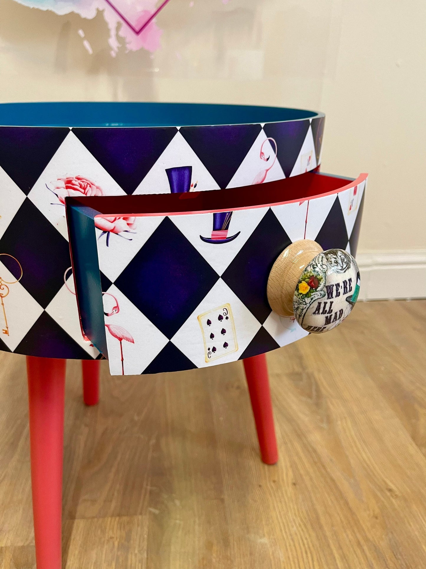 Alice in Wonderland nightstand,  queen of hearts design in black white red . We’re all mad here handle