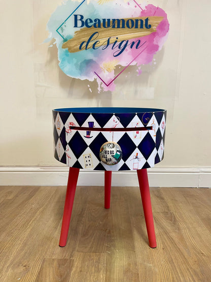 Alice in Wonderland nightstand,  queen of hearts design in black white red . We’re all mad here handle