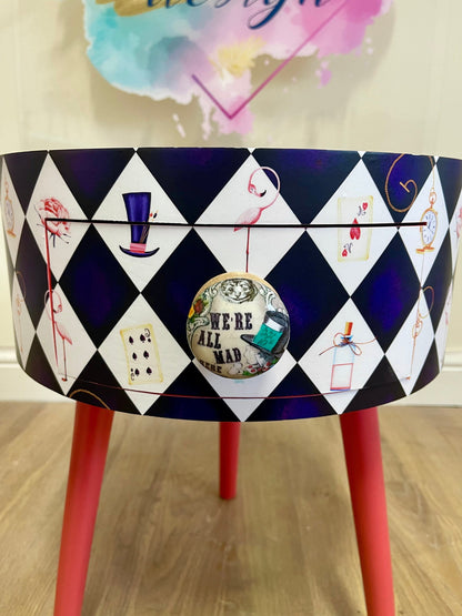 Alice in Wonderland nightstand,  queen of hearts design in black white red . We’re all mad here handle
