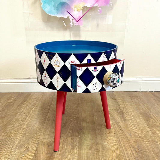 Alice in Wonderland nightstand,  queen of hearts design in black white red . We’re all mad here handle