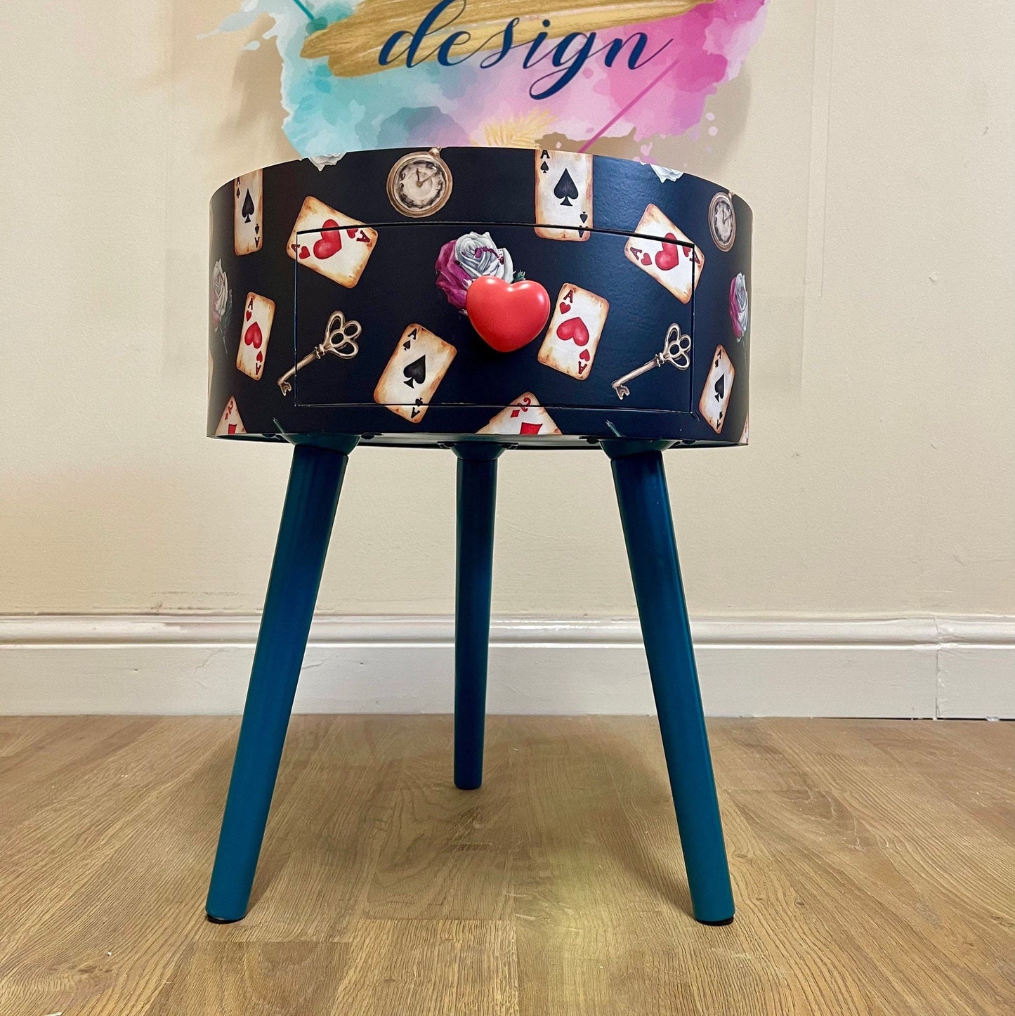 Alice in Wonderland inspired nightstand - Black and red bedside table ,  queen of hearts design in black white red . Tarot cards side table