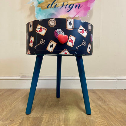 Alice in Wonderland inspired nightstand - Black and red bedside table ,  queen of hearts design in black white red . Tarot cards side table