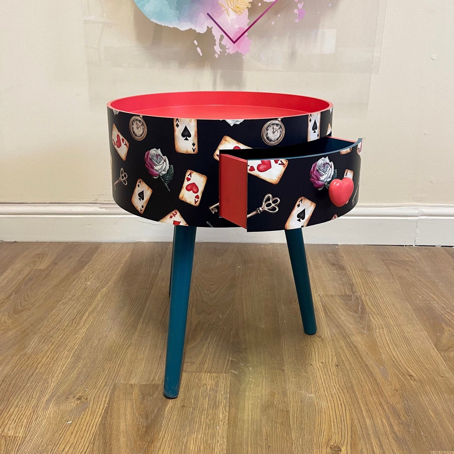 Alice in Wonderland inspired nightstand - Black and red bedside table ,  queen of hearts design in black white red . Tarot cards side table