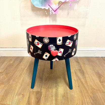 Alice in Wonderland inspired nightstand - Black and red bedside table ,  queen of hearts design in black white red . Tarot cards side table