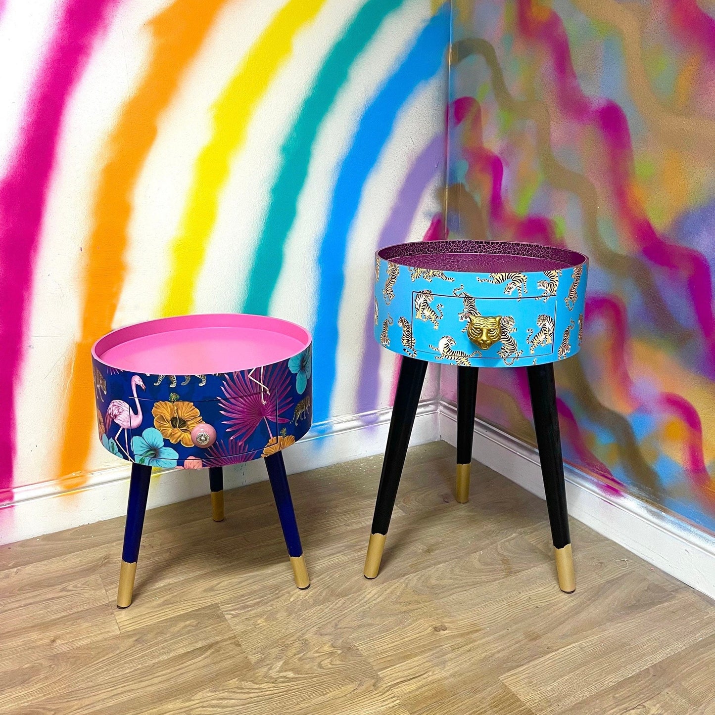 Flocking Fab - Purple side table. Round wooden table with drawer in purple yellow and pink tropical design. Personalised nightstand and side table.
