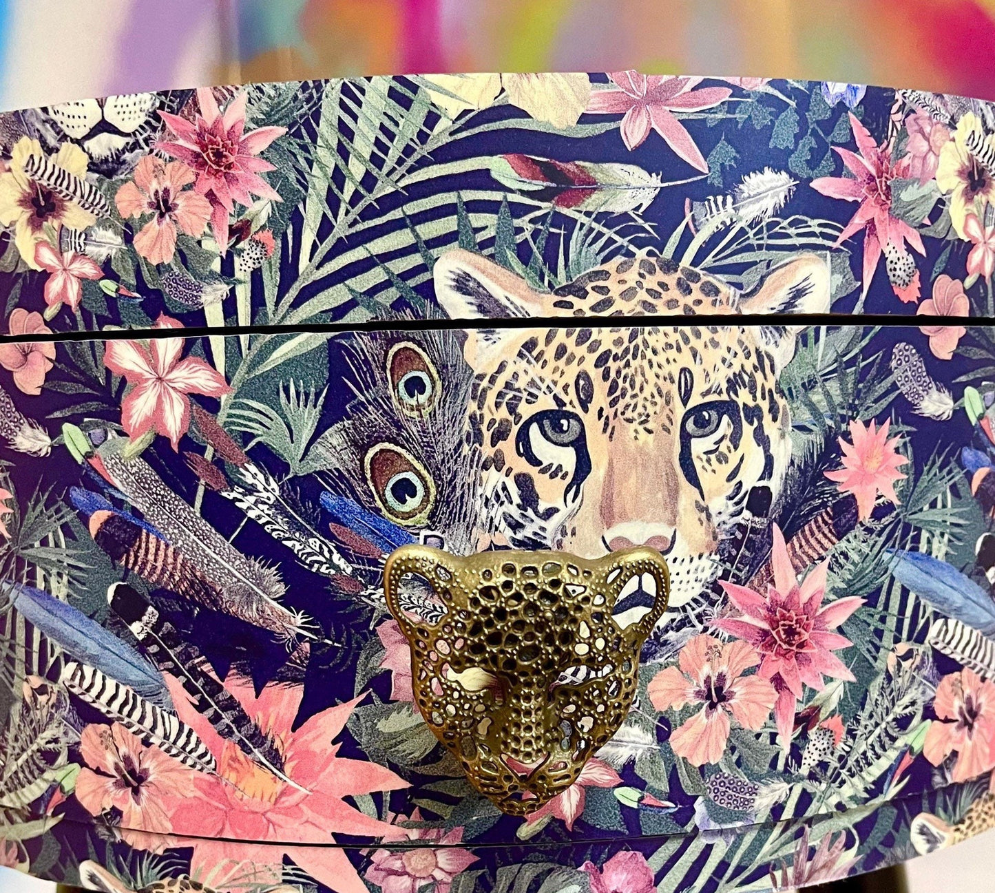 Leopard in Jungle - Coral bedside table, green and navy leopard and floral design. Wooden cheetah side table with drawer. Quirky Nightstand for bedroom