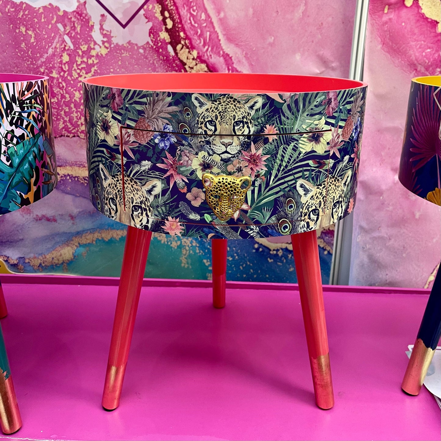 Leopard in Jungle - Coral bedside table, green and navy leopard and floral design. Wooden cheetah side table with drawer. Quirky Nightstand for bedroom