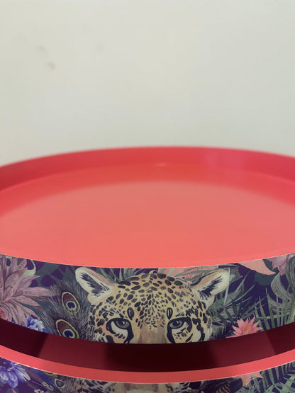 Leopard in Jungle - Coral bedside table, green and navy leopard and floral design. Wooden cheetah side table with drawer. Quirky Nightstand for bedroom