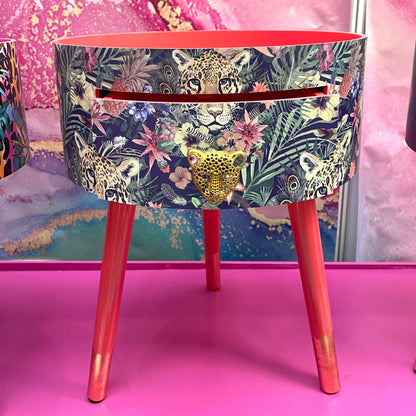 Leopard in Jungle - Coral bedside table, green and navy leopard and floral design. Wooden cheetah side table with drawer. Quirky Nightstand for bedroom