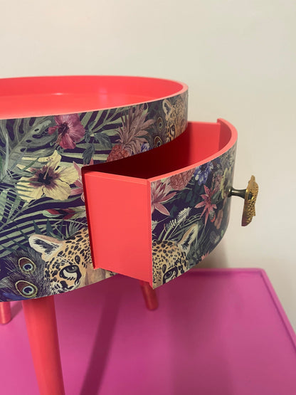Leopard in Jungle - Coral bedside table, green and navy leopard and floral design. Wooden cheetah side table with drawer. Quirky Nightstand for bedroom
