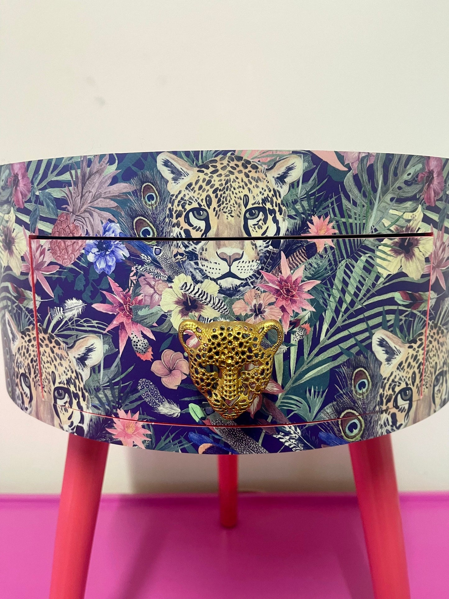 Leopard in Jungle - Coral bedside table, green and navy leopard and floral design. Wooden cheetah side table with drawer. Quirky Nightstand for bedroom