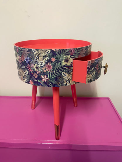 Leopard in Jungle - Coral bedside table, green and navy leopard and floral design. Wooden cheetah side table with drawer. Quirky Nightstand for bedroom
