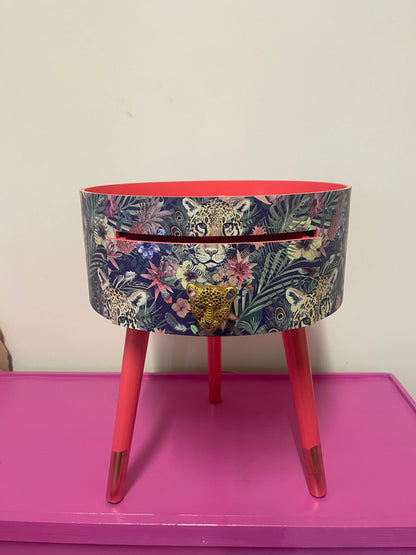 Leopard in Jungle - Coral bedside table, green and navy leopard and floral design. Wooden cheetah side table with drawer. Quirky Nightstand for bedroom