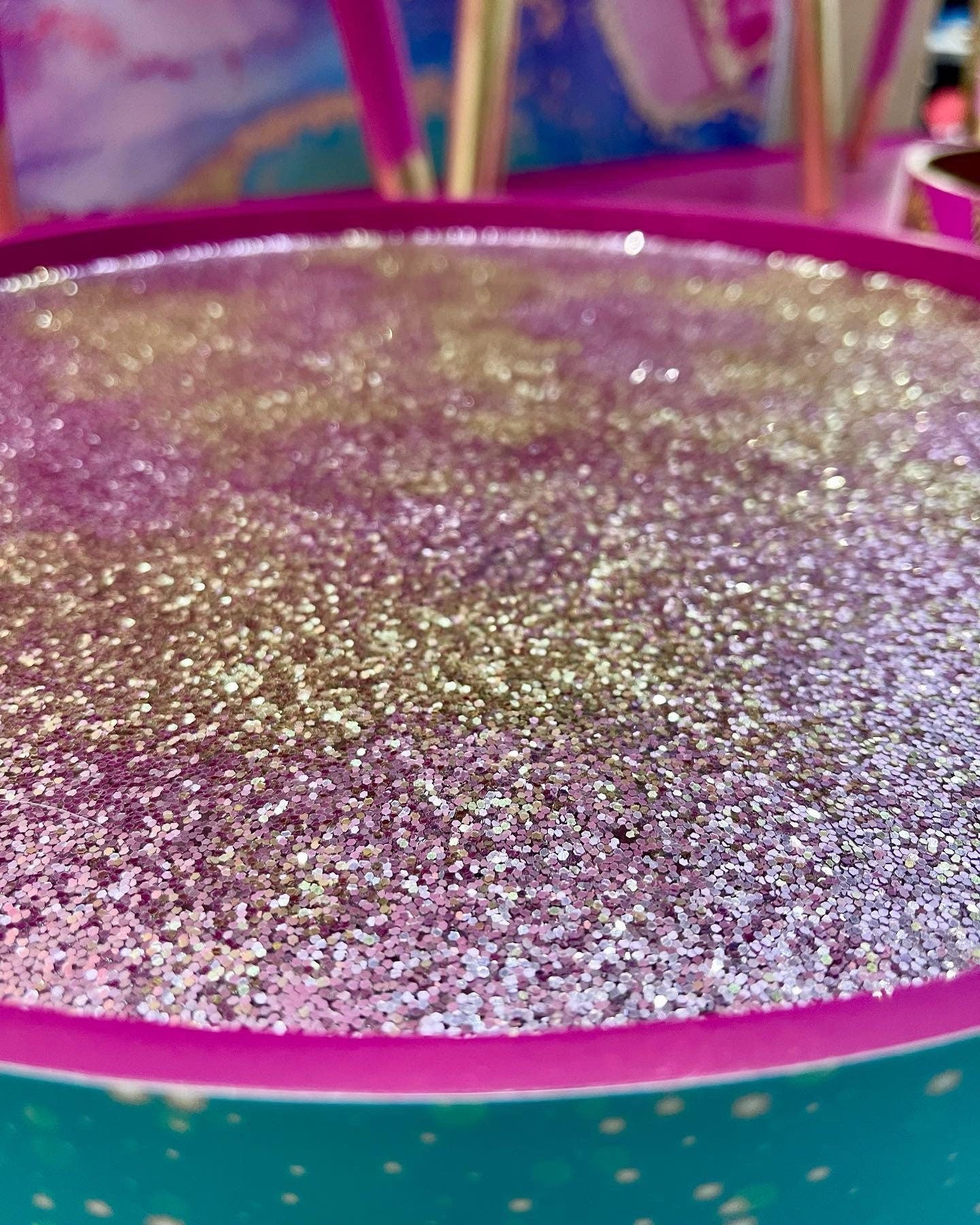 Christmas - Mint and Pink plum round bedside table , Christmas design with glitter top. Ideal for Nightstand or side table. Christmas stag, candy canes