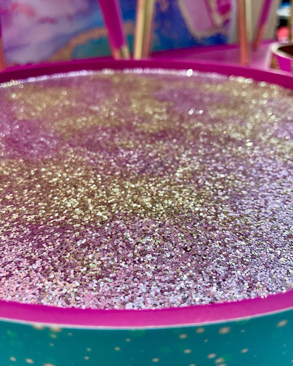 Christmas - Mint and Pink plum round bedside table , Christmas design with glitter top. Ideal for Nightstand or side table. Christmas stag, candy canes