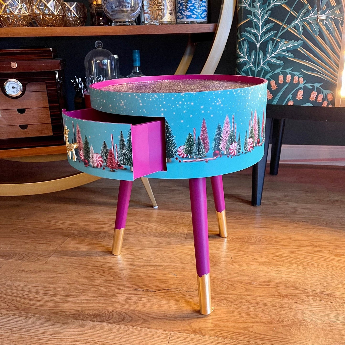 Christmas - Mint and Pink plum round bedside table , Christmas design with glitter top. Ideal for Nightstand or side table. Christmas stag, candy canes