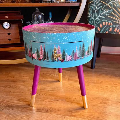Christmas - Mint and Pink plum round bedside table , Christmas design with glitter top. Ideal for Nightstand or side table. Christmas stag, candy canes