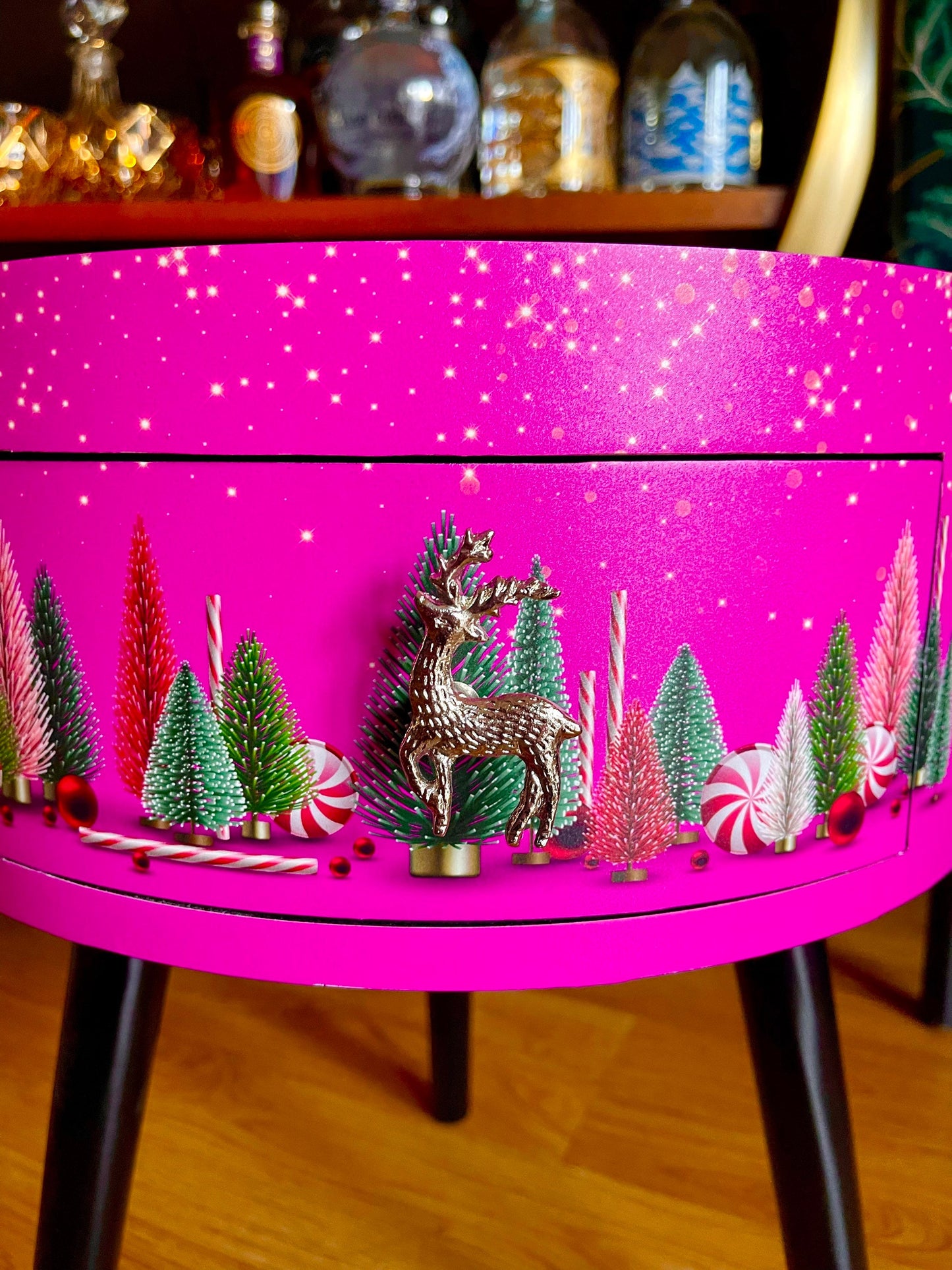 Christmas - Hot pink and black round bedside table , Christmas design. Ideal for Nightstand or side table. Christmas stag, candy canes