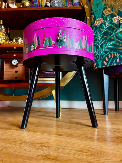 Christmas - Hot pink and black round bedside table , Christmas design. Ideal for Nightstand or side table. Christmas stag, candy canes