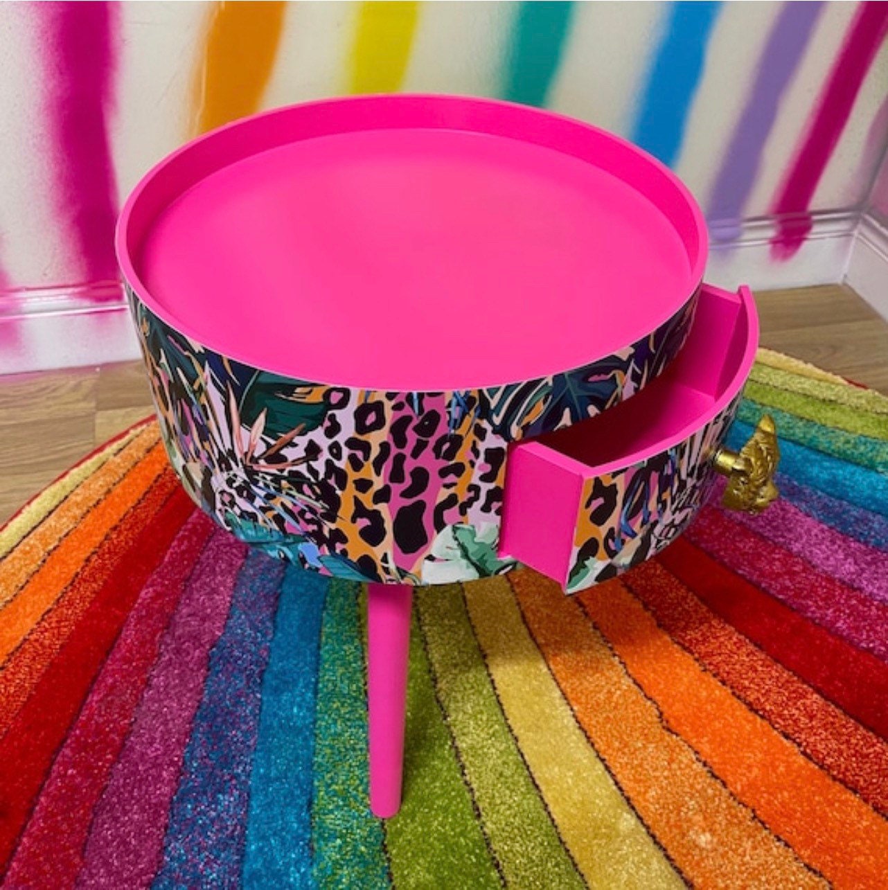 Leopard with Palm - Hot Pink wooden coffee table , tropical and orange leopard print , Animal and floral print.  Round table with three legs, built in drawer