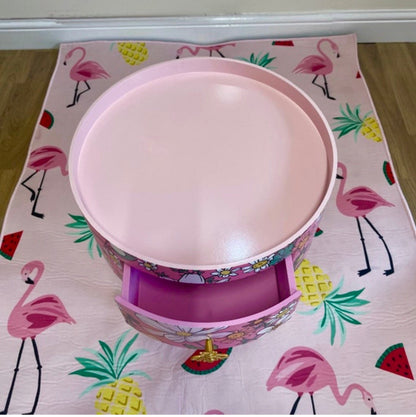 Flower - Wildflowers Pink round side table with floral design. Inbuilt drawer and three legs with bee handle. Boho decor. Flower wooden nightstand