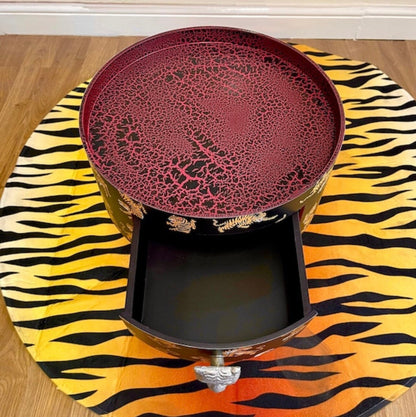 Tiger Table - Black and red nightstand with tiger design, Eclectic design, Fun Bright Home Decor. Side table with storage drawer