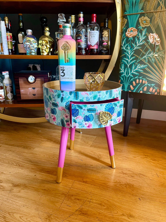 Flamingo - Mint Round small table with drawer. Ideal for nightstand, end table or side table. Pink and mint green flamingo design with gold top