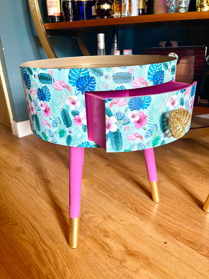 Flamingo - Mint Round small table with drawer. Ideal for nightstand, end table or side table. Pink and mint green flamingo design with gold top