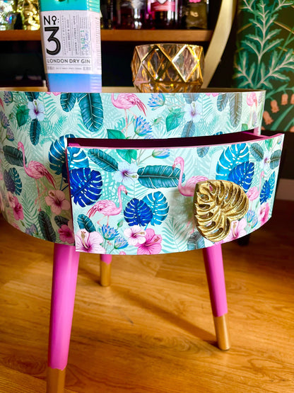 Flamingo - Mint Round small table with drawer. Ideal for nightstand, end table or side table. Pink and mint green flamingo design with gold top