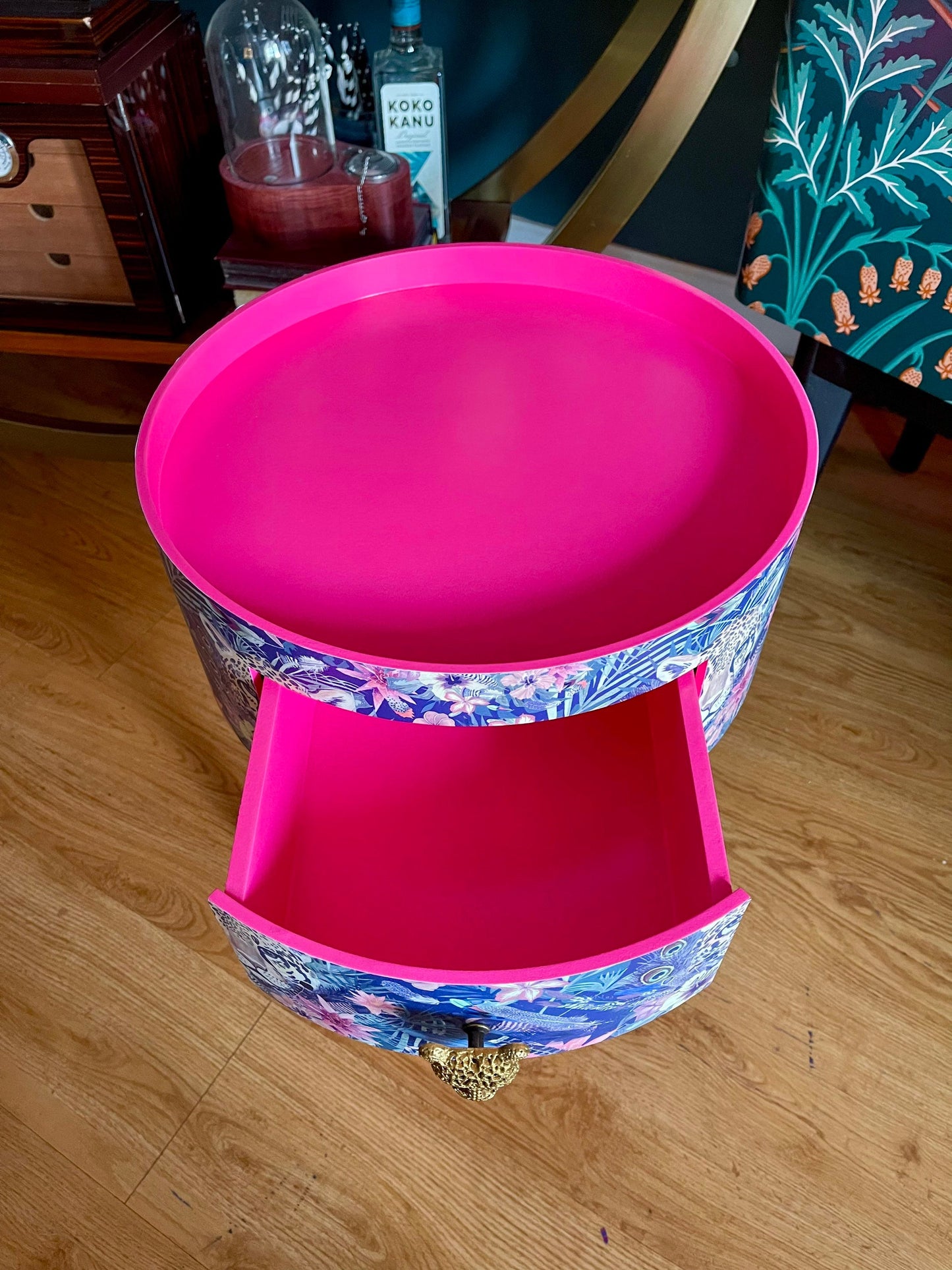 Leopard in Jungle - Hot pink bedside table, green and navy leopard and floral design. Wooden cheetah side table with drawer. Quirky Nightstand for bedroom
