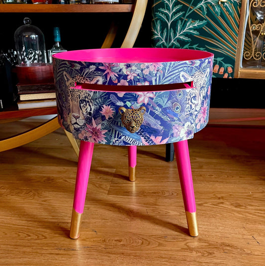 Leopard in Jungle - Hot pink bedside table, green and navy leopard and floral design. Wooden cheetah side table with drawer. Quirky Nightstand for bedroom