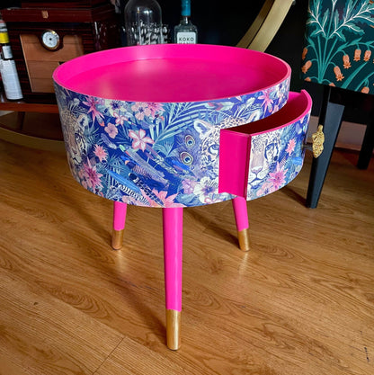 Leopard in Jungle - Hot pink bedside table, green and navy leopard and floral design. Wooden cheetah side table with drawer. Quirky Nightstand for bedroom