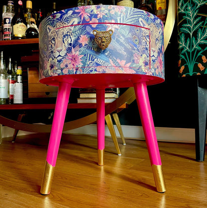 Leopard in Jungle - Hot pink bedside table, green and navy leopard and floral design. Wooden cheetah side table with drawer. Quirky Nightstand for bedroom