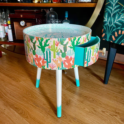 Cactus - Cream and Green side table, southwestern decor for home, turquoise tray top end tables for bedroom, plant decor 5th anniversary gift nightstand
